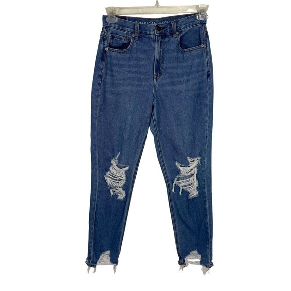 American Eagle Mom Jean Blue Size 4 Hi-Rise Distressed Raw Hem Casual Denim EUC - Picture 1 of 12